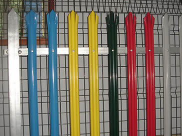 Powder coated palisade fencing - blue, yellow, green, red & white colors.